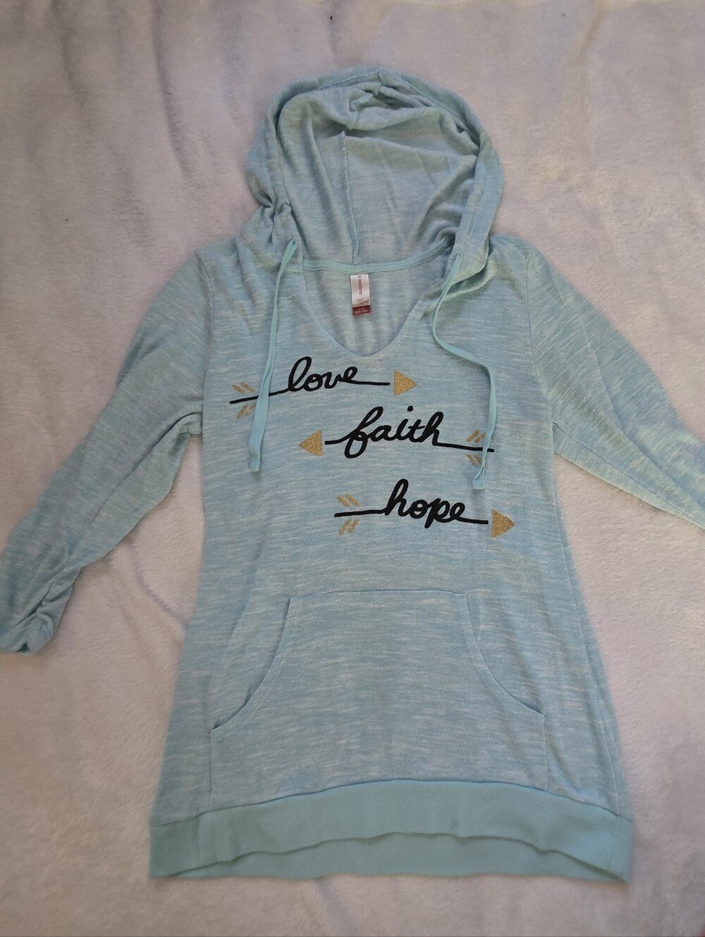 No Boundaries Light Blue Hooded Tunic with 'Love Faith Hope' Script